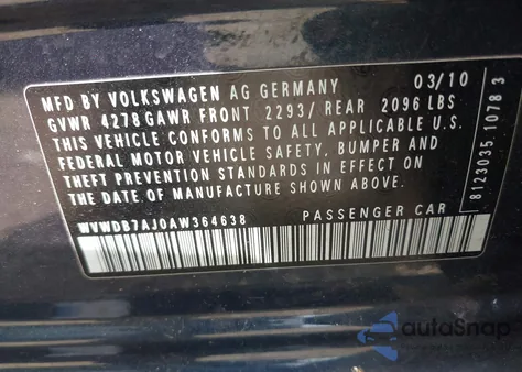 2010 Volkswagen Golf 4-Door из США, поврежденный, VIN WVWDB7AJ0AW364638